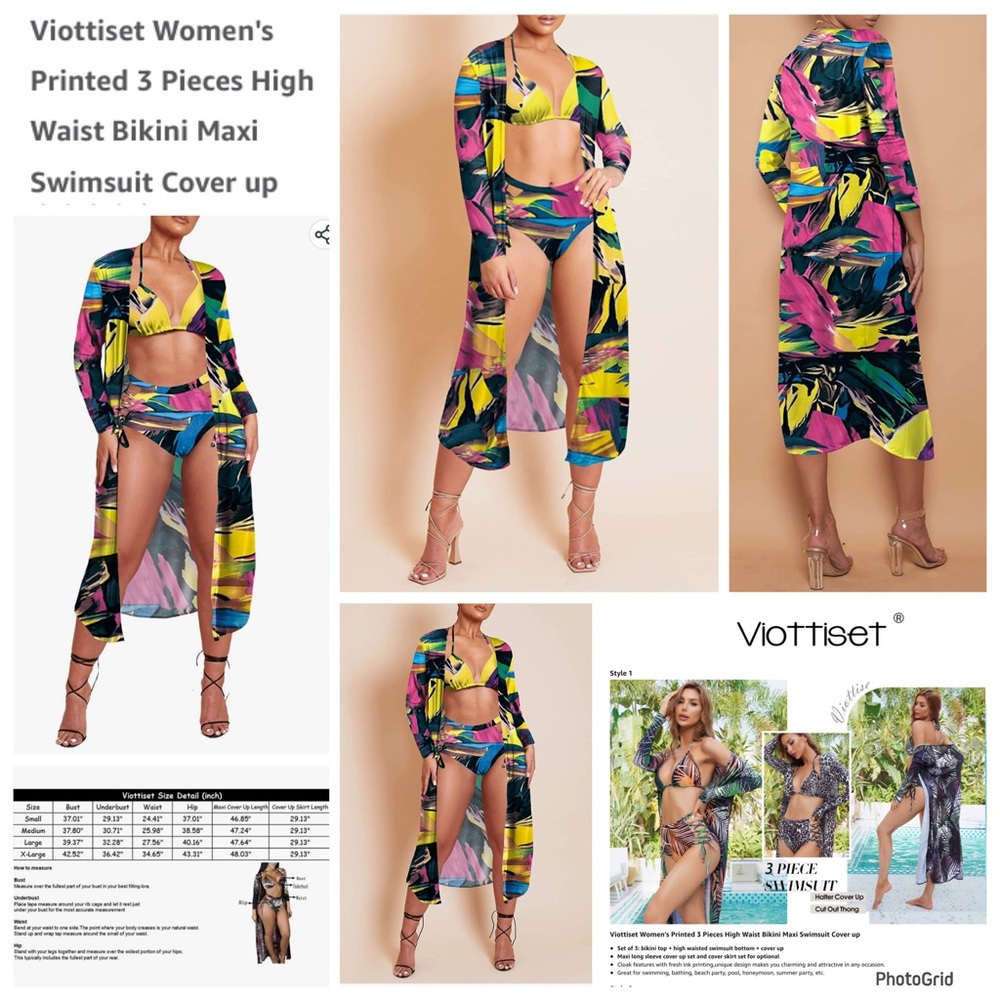 Viottiset XL multicolored 3 pieces high waist bikini maxi swimsuit cover-up NWOT
